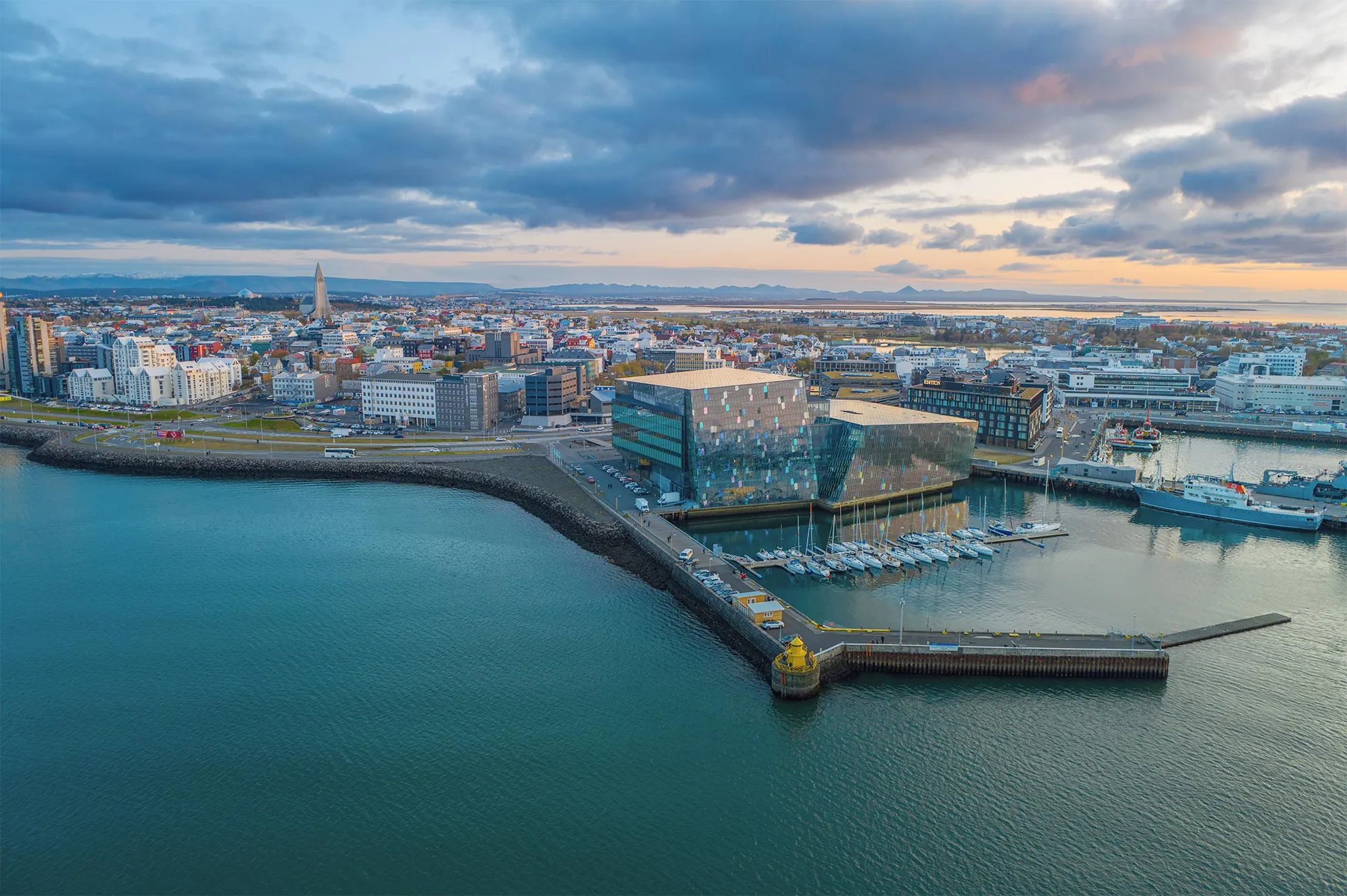The coastline of Reykjavík showing the Harpa building.