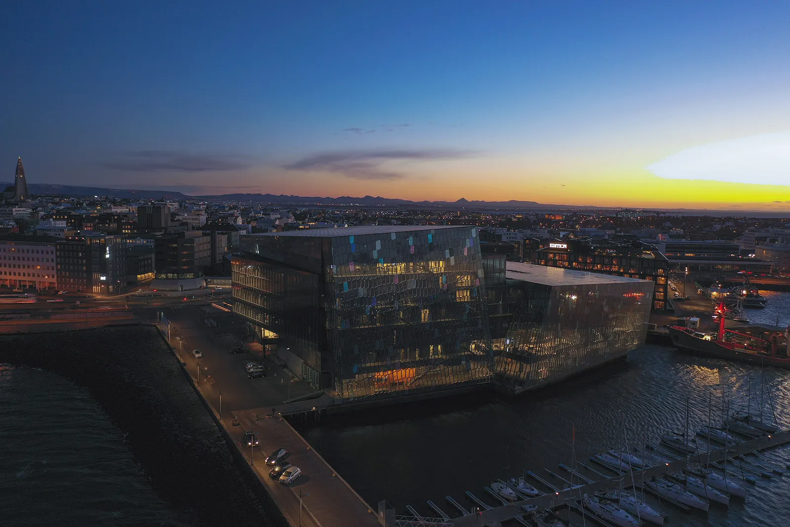The harpa building after sunset.